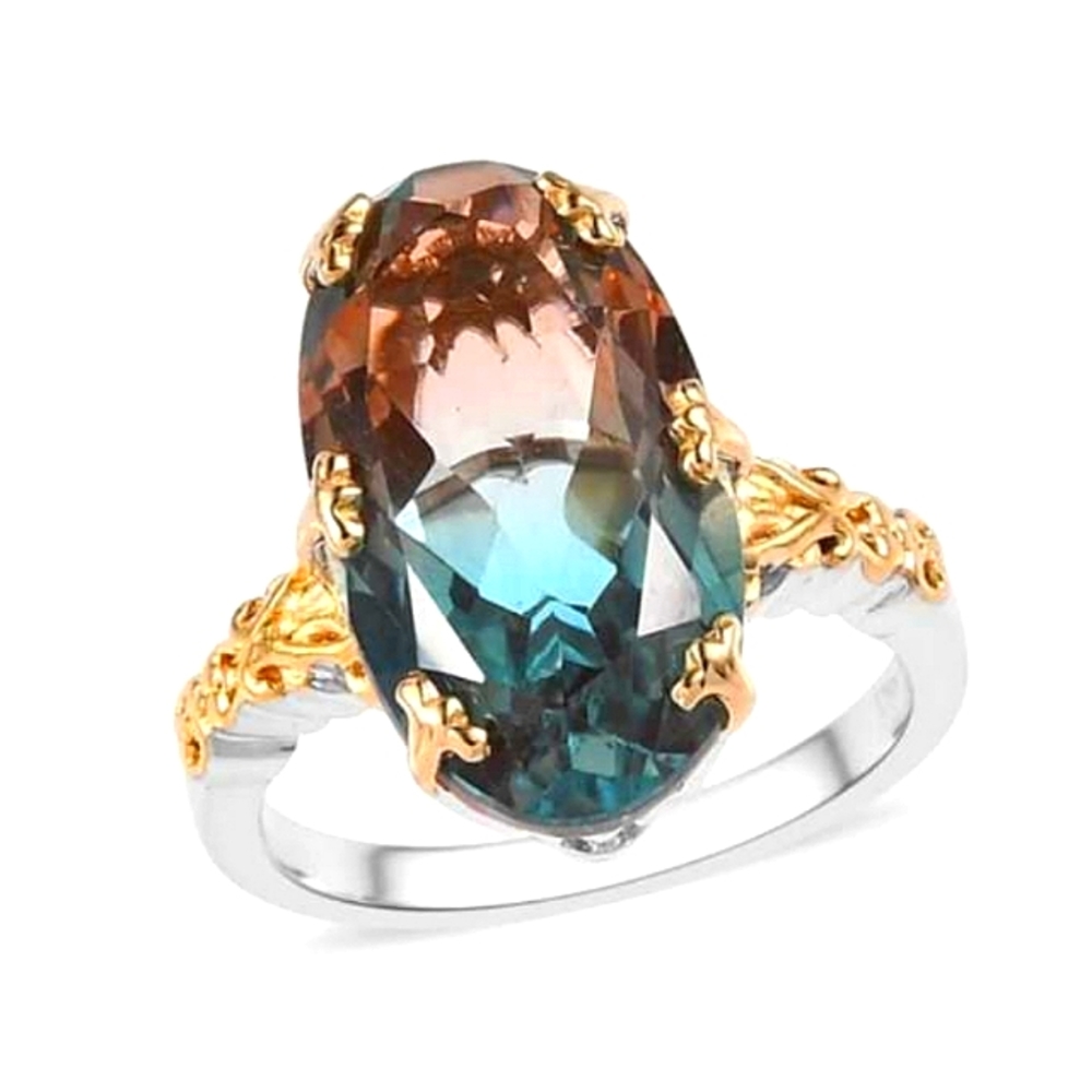 8.50ct Aqua Terra Costa Quartz Ring In Vermeil YG & Platinum Over Sterling